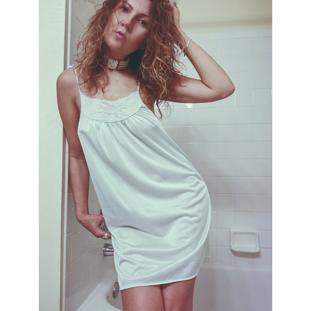 70s slinky mint green lingerie slip